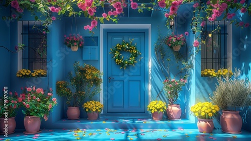   A blue house painting with potted plants, a blue door, and a floral wreath photo