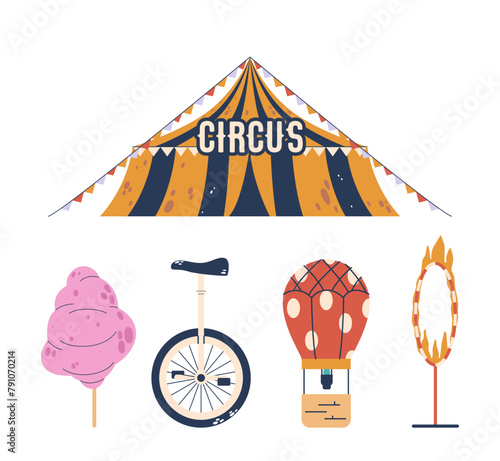 Circus Items Set. Big Top Tent, Candy Cotton, Monowheel Bike, Air Balloon and Burning Ring Isolated Elements on White