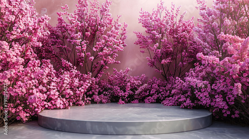Podium background flower rose product pink 3d spring table beauty stand display nature white. Garden rose floral summer background podium cosmetic valentine easter field scene , Generative AI.