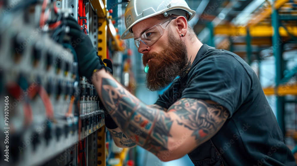Diligent Electrician in Hard Hat Working on Electrical Panel, Industrial Environment Diligent Electrician in Hard Hat Working on Electrical Panel, Industrial Environment