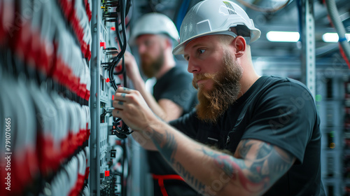 Electricians at Work, Tattooed Man Adjusting Server Room Panels
