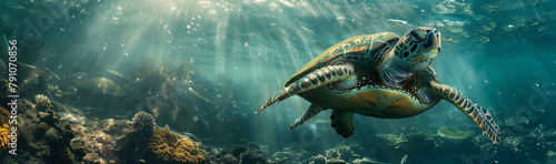 Serene Sea Turtle Swimming Underwater © alex