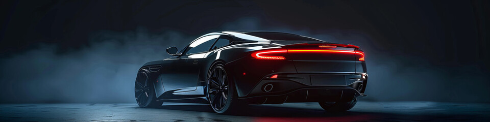 Luxury expensive black car parked on black background. Sport and modern luxury design car. Shiny clean lines and detailed front view of modern automotive. Automotive advertising banner