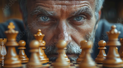 Contemplative Business Leader Strategizing on Chessboard Generative AI © Stefan