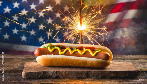 A hotdog in a bun with mustard decorated with a sparkler and an American stars and stripes flag in the background