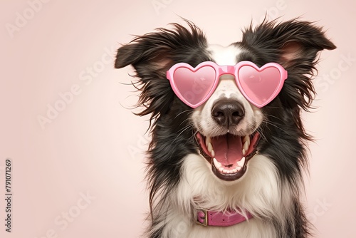 A cute happy border collie dog wearing pink heart-shaped glasses on a pastel background, copy space concept  © Photo And Art Panda