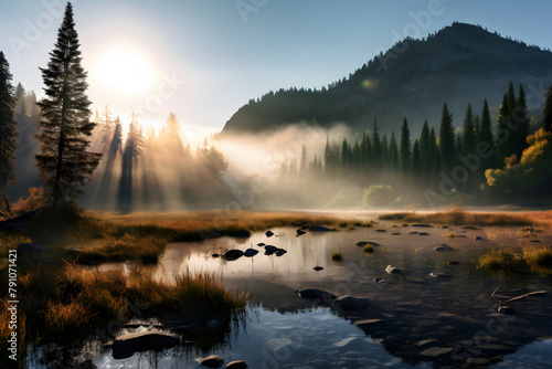 A peaceful morning at a remote mountain lake, with fog hovering over the water and the first rays of sun piercing through Generative AI,