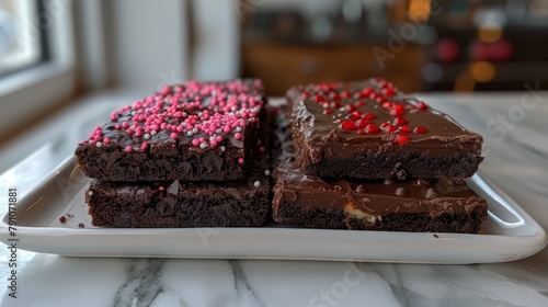  A white plate bears brownies, each boasting pink and red sprinkles atop the table
