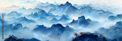 A serene and tranquil landscape painting in traditional Chinese style, featuring majestic mountains and scenic nature. photo