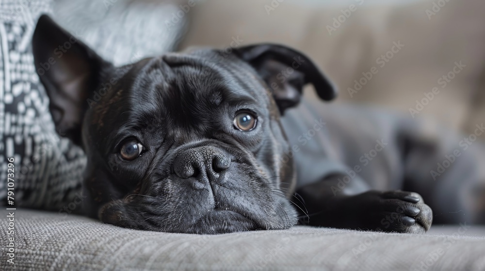 Black bulldog in a relaxed pose on the couch, curiously observing its surroundings