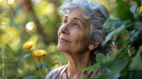 Serene Senior Woman Meditates in Peaceful Garden Generative AI