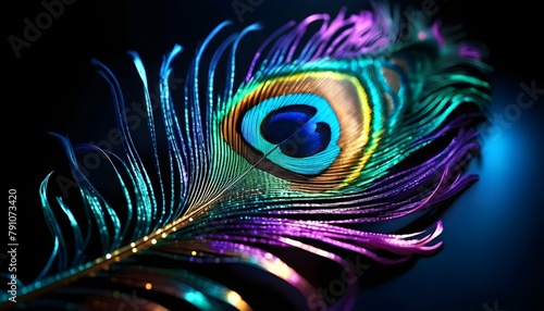 Iridescent peacock feather in vibrant colors on dark backdrop photo