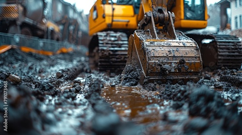 Backhoe Digging Soil on Construction Site Generative AI photo