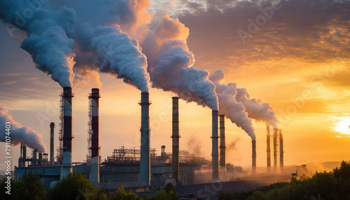 Industrial factory emits smoke from tall stacks, symbolizing pollution and CO2 emissions photo