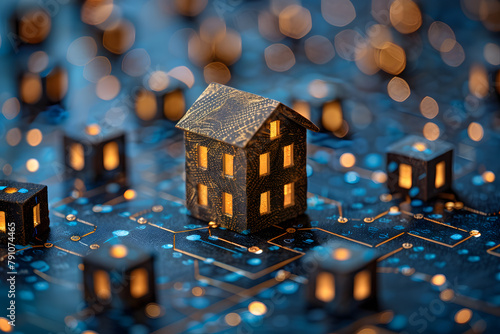 a small house on a circuit board. The house is lit up with lights  giving it a warm and inviting atmosphere. The scene suggests a sense of connection between the digital world