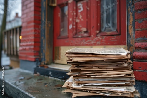 A stack of foreclosure notices on a doorstep, illustrating the impact of recession on housing stability.