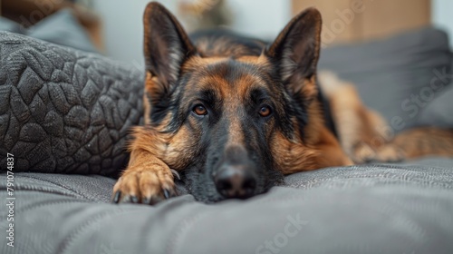 German shepherd lounging on the couch, observing surroundings with a relaxed demeanor