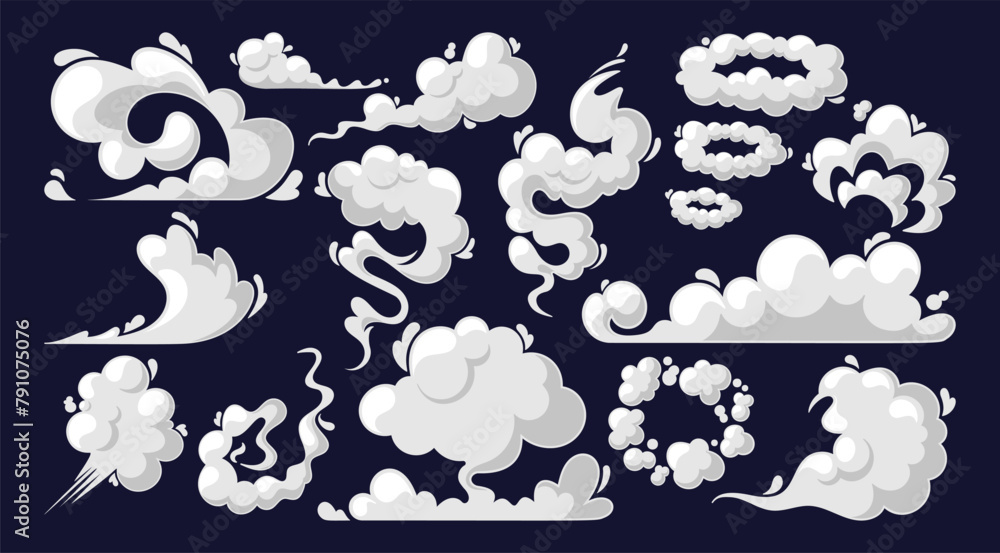 Fototapeta premium Cartoon Smoke Clouds, Vector White Aroma Or Toxic Steaming Vapor, Dust Steam. Design Elements, Flow Mist Or Smoky Steam