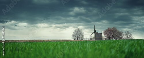 panorama with green wheat field and alone old wooden mill under dark clouds in spring day