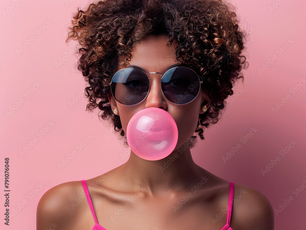 A young attractive African American woman with curly hair wears sunglasses and blows a pink bubble gum bubble. Lifestyle, female beauty. A young attractive African American woman with curly hair wears sunglasses and blows a pink bubble gum bubble. Lifestyle, female beauty.