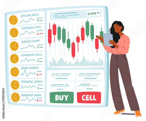 Cryptocurrency Trader Girl Character Use Trading Apps To Buy, Sell And Manage Digital Assets In Stock Market