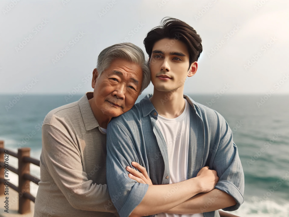 Obraz premium adult son hugging his elderly father on the sea promenade