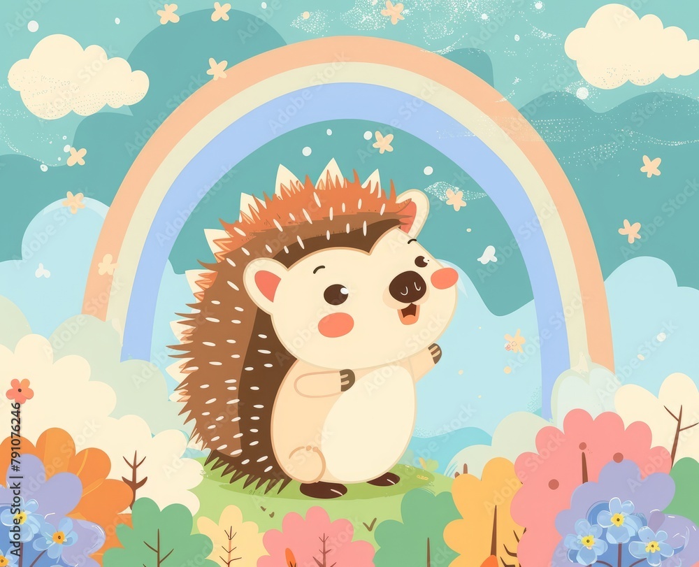 Fototapeta premium flat illustration cartoon hedgehog on rainbow background.