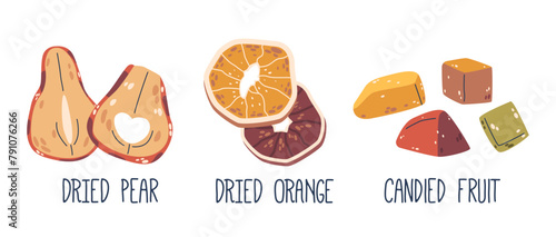 Dried Pear And Orange Fruits, Dehydrated Snacks Retaining Natural Sugars And Nutrients. Candied Fruits Slices And Dices