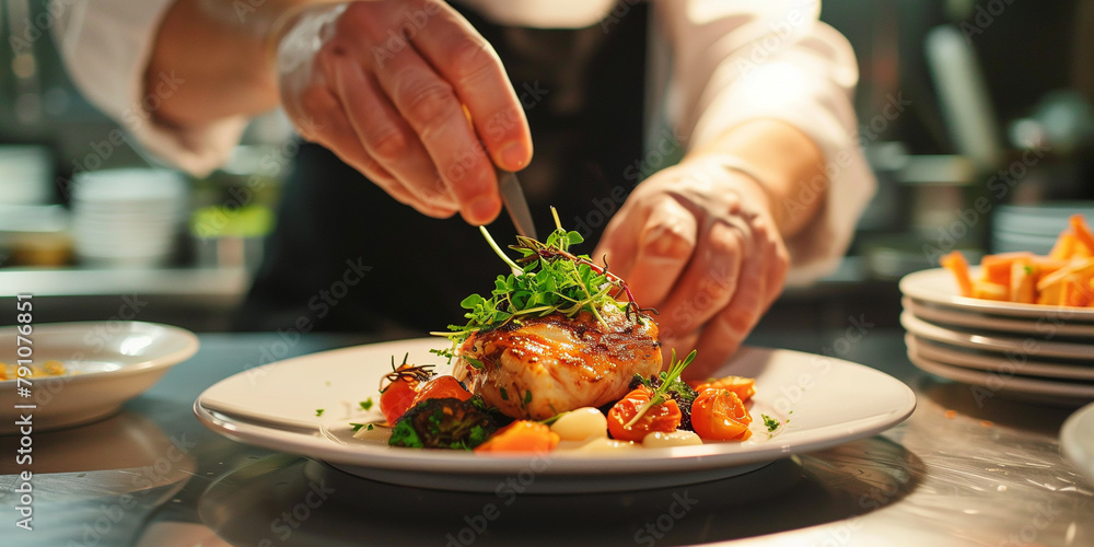 Chef in restaurant kitchen preparing and decorating food, delicious dish