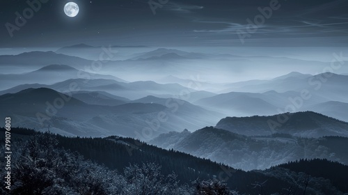 Mountain with lighting moon and stars, black and white photo