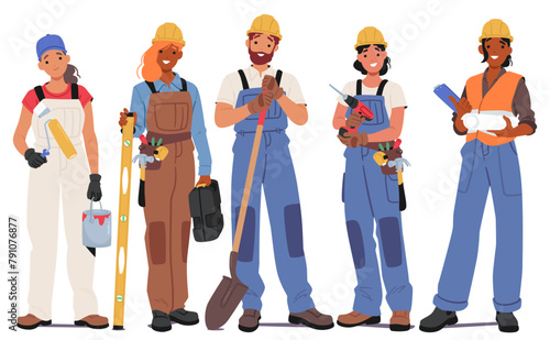 Construction Workers Team Male And Female Characters Stand In Row With Paint Bucket, Level, Shovel And Toolbox