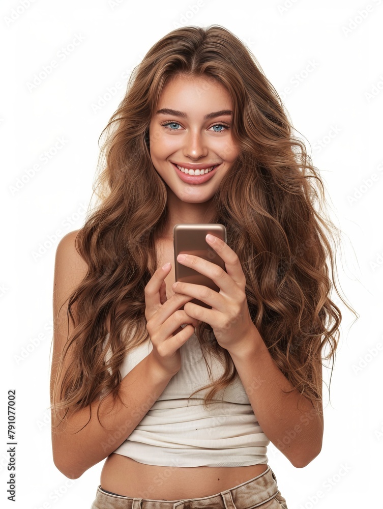 Young beautiful happy woman using smart phone. Excited surprised girl texting on her mobile phone. Studio shot isolated on grey background. Technology, connection, communication, social media concept. Young beautiful happy woman using smart phone. Excited surprised girl texting on her mobile phone. Studio shot isolated on grey background. Technology, connection, communication, social media concept.