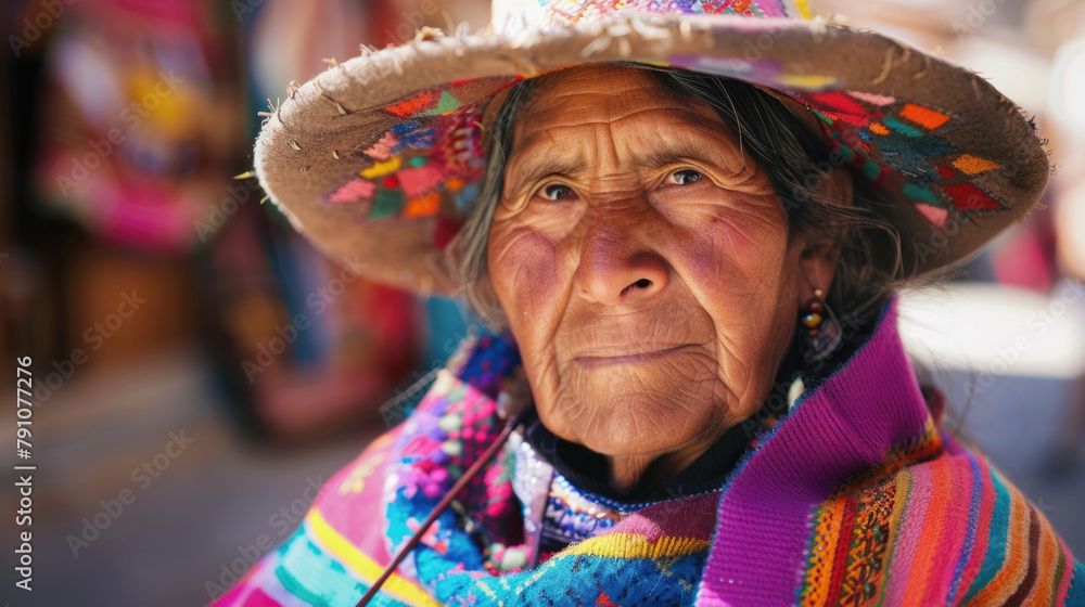 An elderly woman is depicted wearing a vibrant, colorful hat and matching scarf