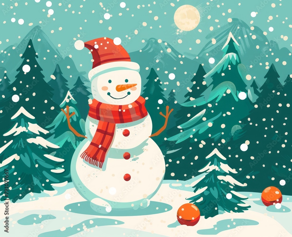 flat illustration cartoon snowman on a background of snow and fir trees. flat illustration cartoon snowman on a background of snow and fir trees.