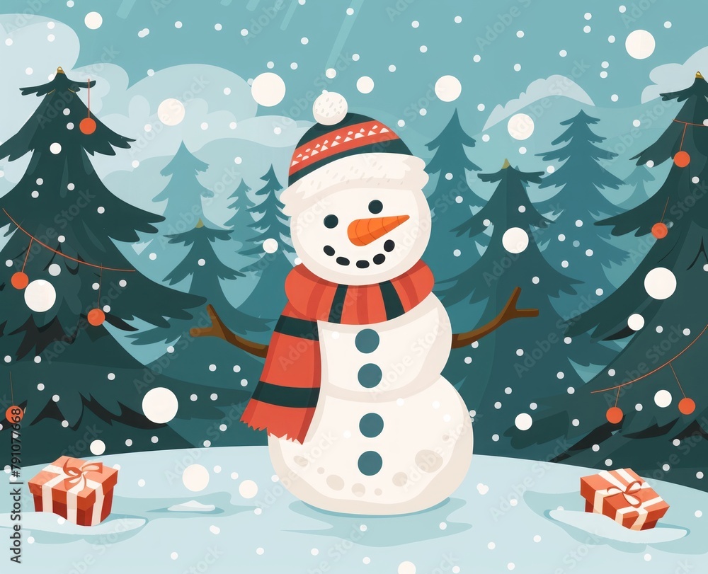 flat illustration cartoon snowman on a background of snow and fir trees. flat illustration cartoon snowman on a background of snow and fir trees.