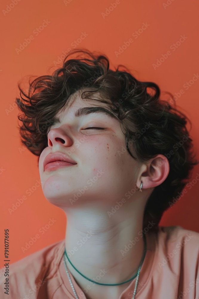 A transgender teen with curly hair and freckles exudes serenity with their eyes closed, showcasing natural beauty and self expression against a vibrant orange background A transgender teen with curly hair and freckles exudes serenity with their eyes closed, showcasing natural beauty and self expression against a vibrant orange background