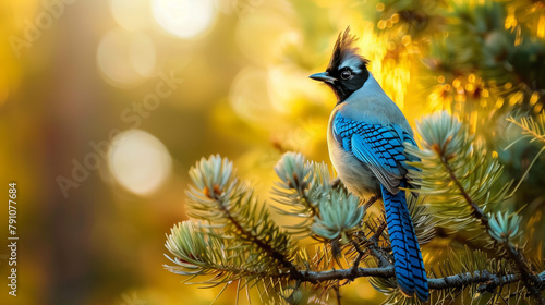 Stellers jay bird on pine tree photo