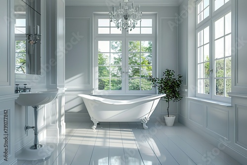 Elegant white bathroom in a victorian architectural style with natural light  featuring a freestanding bathtub and a classic pedestal sink.