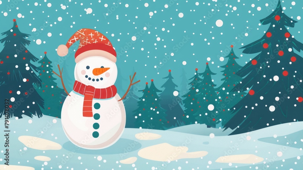 flat illustration cartoon snowman on a background of snow and fir trees. flat illustration cartoon snowman on a background of snow and fir trees.