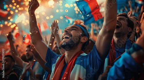 Group happy fan of USA national team of America in traditional colors of USA celebrates victory of United States at competitions. Fan rejoices at victory of his team at stadium. Emotions of victory