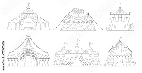 Circus Tents Outline Monochrome Vector Icons Set. Amusement Park Vintage Carnival Circus Tents With Flags