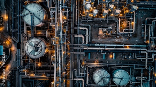 A birds eye view of an industrial factory complex featuring a network of pipes and clocks