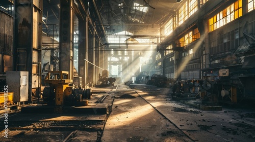 Morning sunlight floods an industrial factory, creating a play of light and shadow over the robust machinery