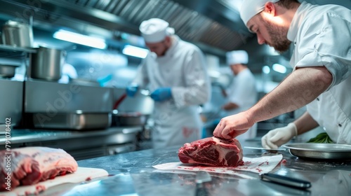 Two chefs in a kitchen working on preparing raw meat for cooking
