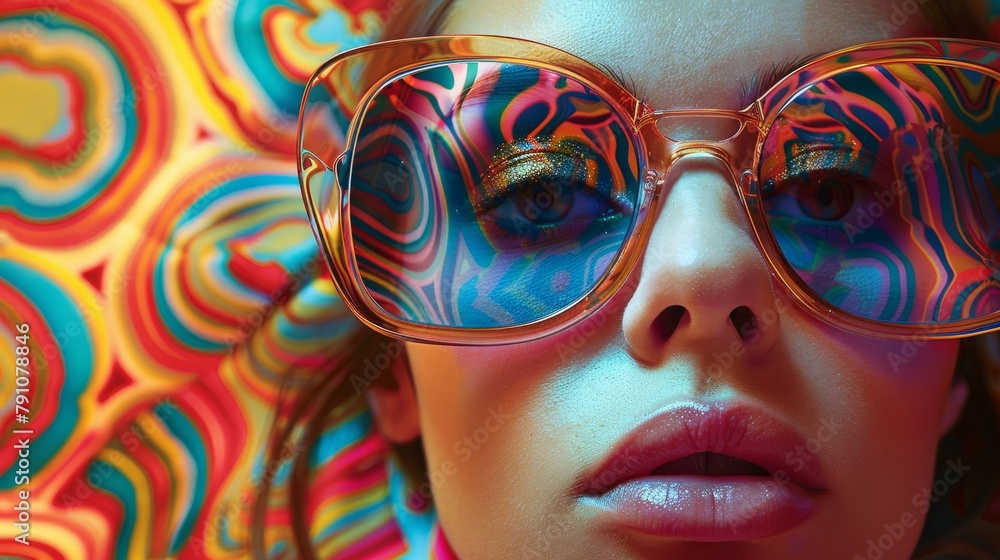 Closeup of a woman wearing oversized retro sunglasses with a swirling psychedelic background