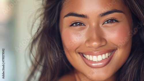 A detailed close-up of an Asian Indian woman smiling for a dental advertisement, focusing on her facial expression