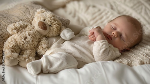 A newborn baby peacefully sleeping on a bed next to a teddy bear, showcasing tiny hands and feet