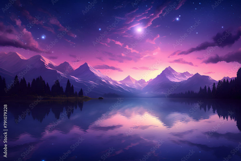 A twilight scene at a high-altitude lake, with mountains silhouetted against a purple and pink sky, and stars beginning   Generative AI,