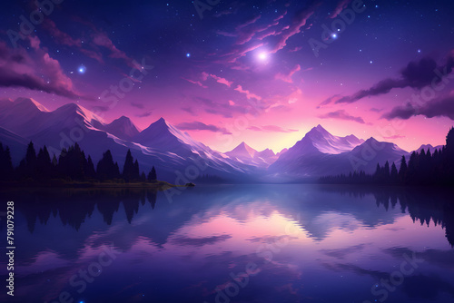 A twilight scene at a high-altitude lake, with mountains silhouetted against a purple and pink sky, and stars beginning Generative AI,