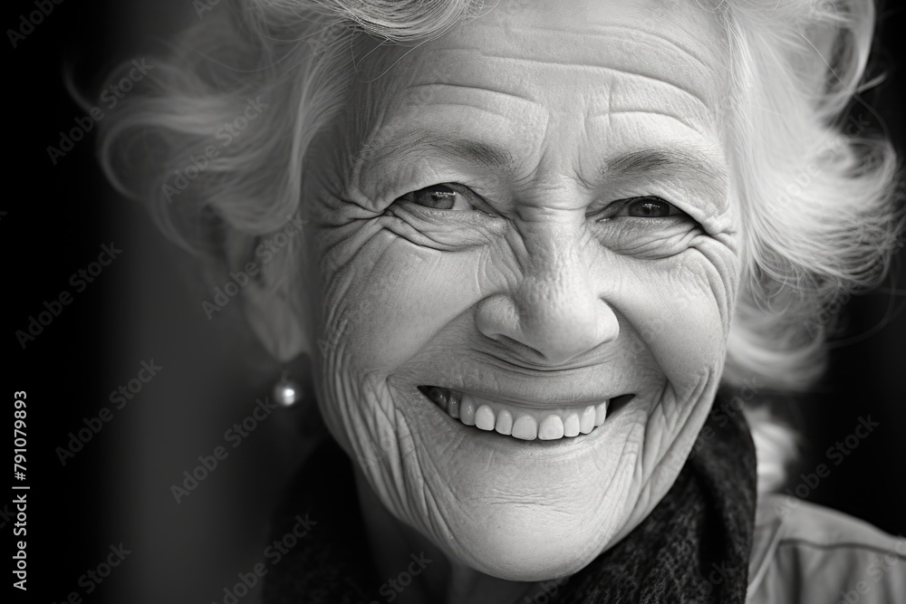 A woman with a smile on her face and a scarf around her neck A woman with a smile on her face and a scarf around her neck